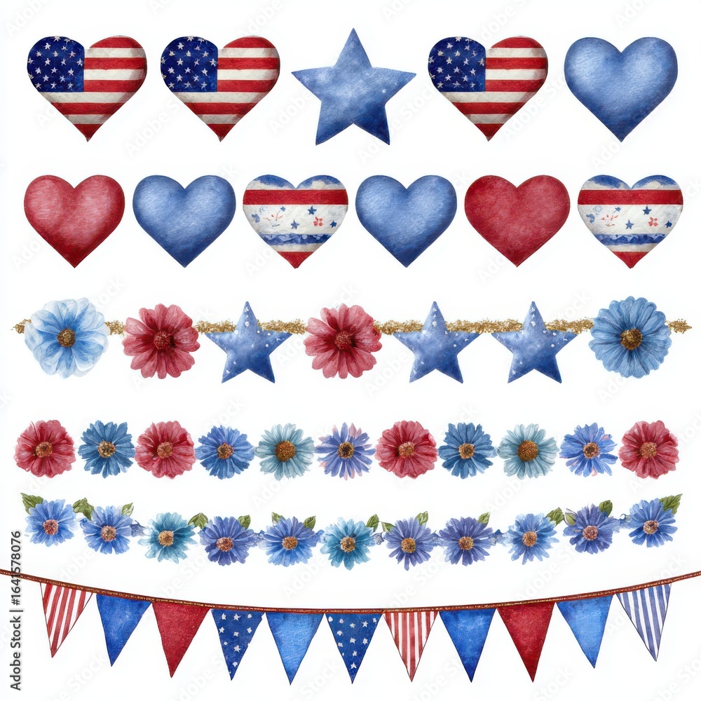 Obraz premium Collection of patriotic american holiday decorations including hearts stars and banners isolated on white background