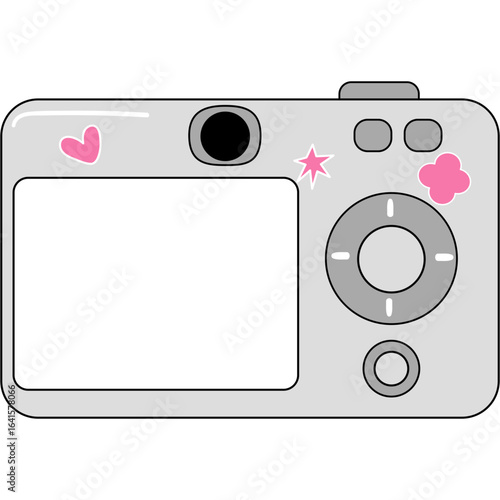 A charming illustration of a retro digital point-and-shoot camera adorned with cute pink stickers, evoking a sense of nostalgia.