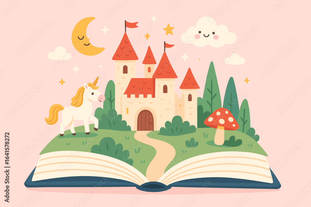 Fototapeta premium Magical fairytale storybook scene. Open book with fantasy castle, unicorn, winding path, enchanted forest, whimsical mushroom, crescent moon, stars, happy cloud. Imagination, childhood, vector art