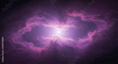 A vibrant, purple nebula surrounds a bright central star, showcasing cosmic beauty.