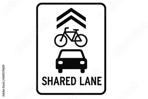 Shared lane road sign vector, car and bicycle symbol, street safety traffic sign, bike friendly transportation, urban city commuting, cycle route, motor vehicle sharing, lane marking illustration