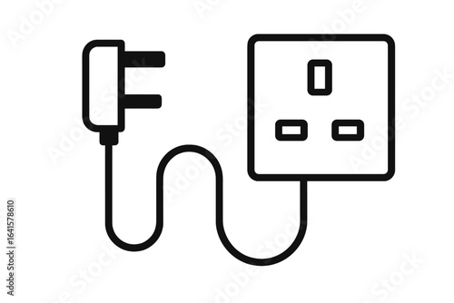 Electrical plug and socket outline icon, UK power connector minimal vector illustration, energy supply symbol, home appliance, black and white line art, electricity connection, power cord graphic