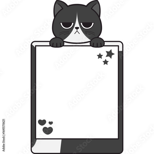 Funny annoyed cartoon cat holding a blank sign with copy space. Vector character illustration for your message.