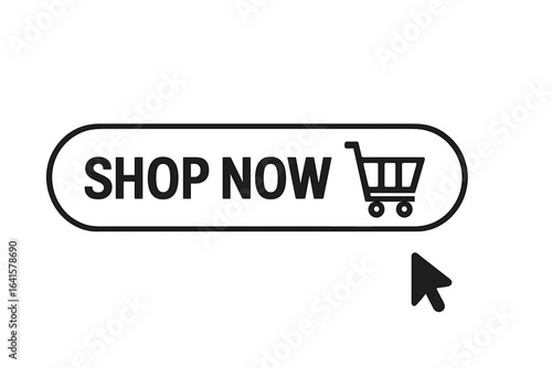 Shop Now Button Vector Icon. E-commerce call to action illustration. Online shopping cart symbol. Website buy now interface element. Minimal web button design. Retail purchase checkout graphic.