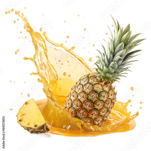 Ai generated image of a whole pineapple and a slice of pineapple in a dynamic splash of juice, isolated on a transparent background