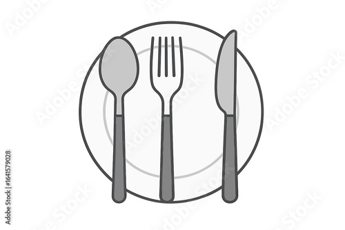 Cutlery set on dinner plate vector illustration. Realistic spoon, fork, and knife table setting isolated on white background. Kitchen utensils, place setting for meal, restaurant, culinary concept
