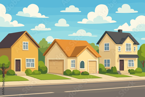 Suburban neighborhood street with three family houses, front yards, garages, summer blue sky, clouds, green trees. Real estate property, housing illustration. Residential architecture, vector cartoon.