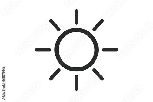 Sun icon vector symbol, minimal sunny weather, bright sunlight, day light, simple summer sun illustration, flat black sun graphic, solar power, light energy, isolated on transparent background