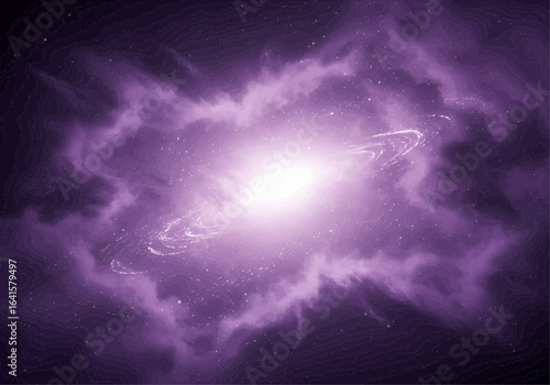 A vibrant purple galaxy swirls, its bright core radiating light through cosmic dust and gas clouds.