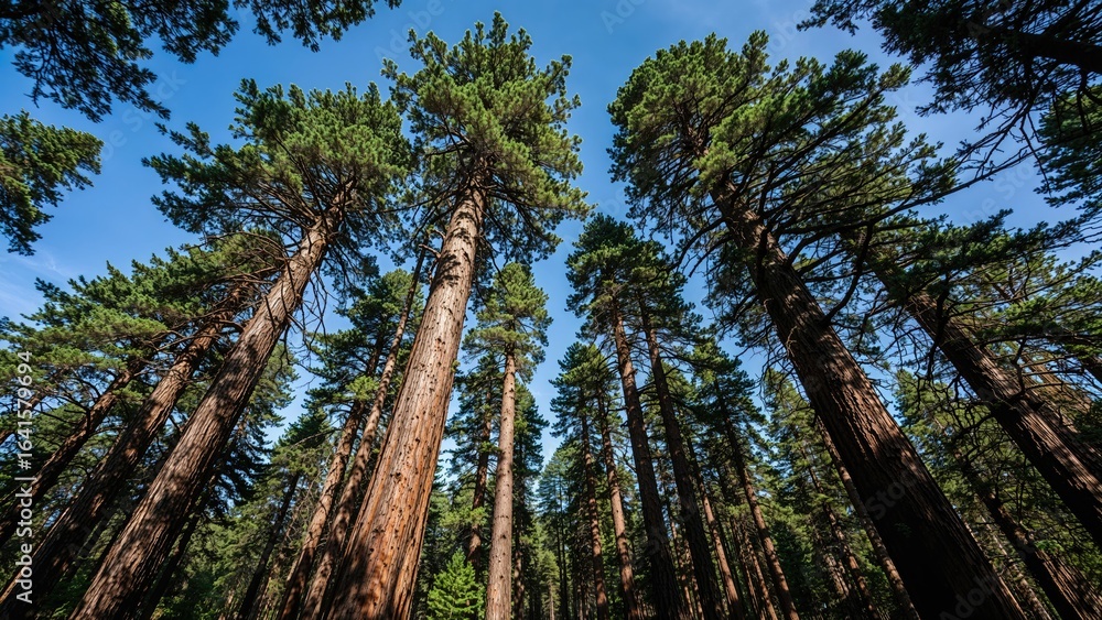 Fototapeta premium Looking up at towering ancient trees in a dense, untouched forest with a clear blue sky overhead.