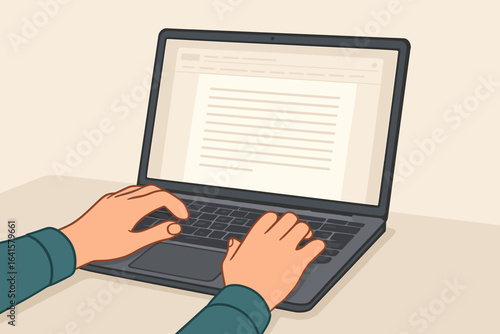 Hands typing on laptop keyboard, writing digital document on blank screen, online text editing, working remote, content creation, technology, home office, modern workspace, flat vector illustration