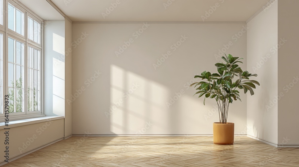 Fototapeta premium Bright, Minimalist Interior with Potted Plant and Natural Light, Ideal for Mockups and Design Presentations