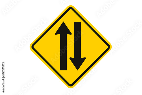 Two way traffic road sign warning yellow diamond, vector illustration, black arrows, highway navigation, transportation caution, traffic direction symbol, reflective safety signage, driving alert