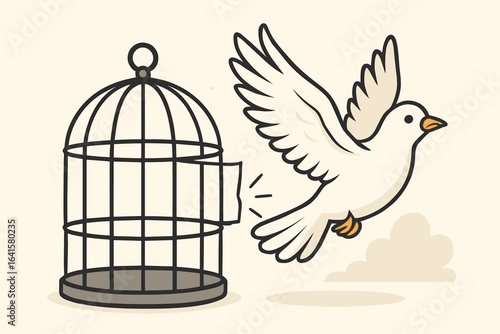 White dove escaping open cage symbolizing freedom, liberation, escape from captivity, hope, release, independence, peace, new beginnings, vector illustration, cartoon style, light background
