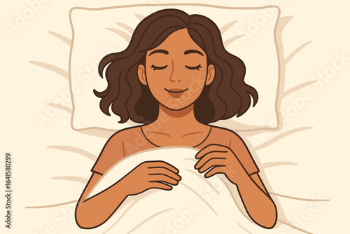 Woman sleeping in bed resting with closed eyes, comfortable female lying under blanket, head on pillow, peaceful relaxation, restful sleep concept, top down view, cozy bedroom night scene