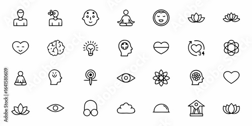 A calming collection of minimalist line art icons representing self-reflection, mindfulness, and personal growth. Perfect for wellness apps, meditation guides, and coaching programs