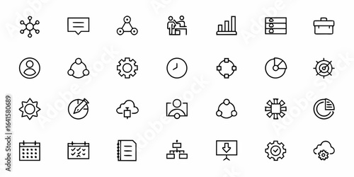 A comprehensive set of minimalist line art icons illustrating core operations processes and workflow management. Perfect for business consulting, project management tools, and corporate training mater