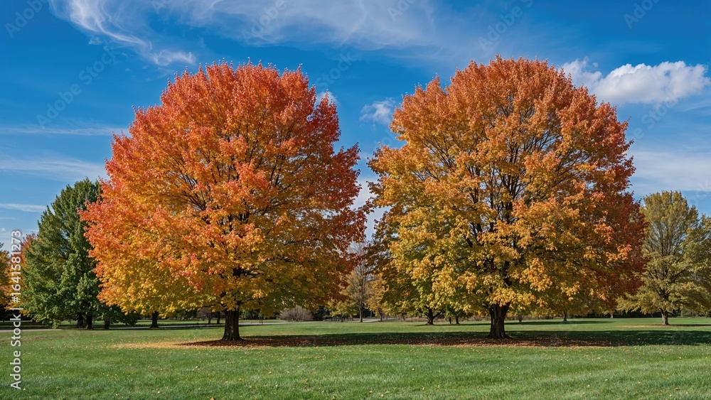 Naklejka premium Colorful autumn leaves in orange, yellow, and green glowing under a serene blue sky.