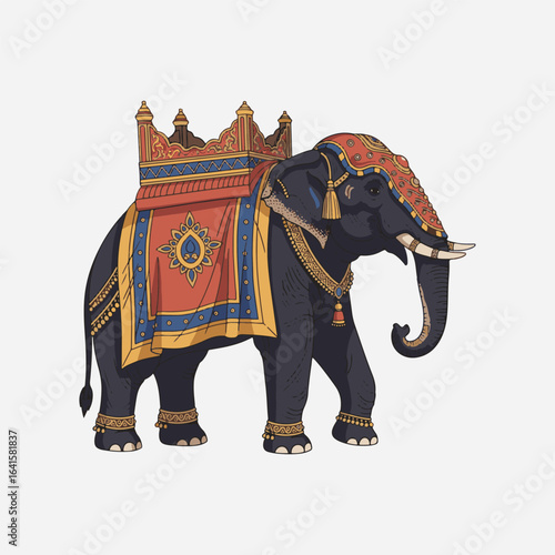 Ornate Indian elephant, richly adorned howdah, majestic, regal bearing.