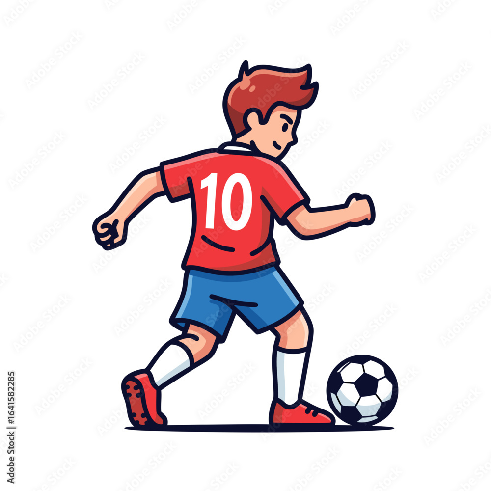 Cartoon Soccer Player Dribbling Ball in Red Jersey Number 10. Cartoon Soccer Player Dribbling Ball in Red Jersey Number 10.
