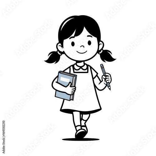 Cartoon Girl with Book and Pencil Black and White Illustration.
