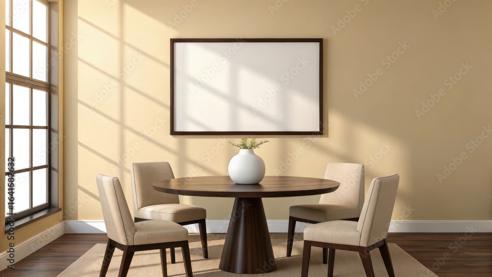 Warm sunlight streams through a large window casting shadows on a dining room with a round table and chairs Warm sunlight streams through a large window casting shadows on a dining room with a round table and chairs