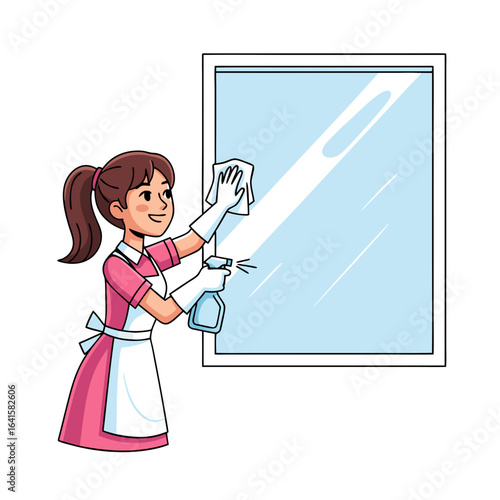 Cheerful cartoon housekeeper in a pink uniform and apron cleaning a window with a spray bottle and cloth.