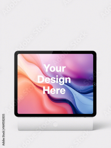 3D tablet mockup with white bezel and an abstract color screen, isolated on gray