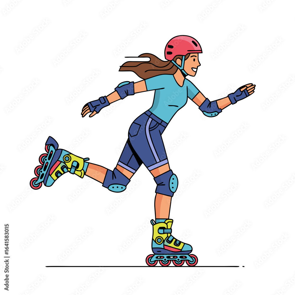 Obraz premium Dynamic cartoon of a happy woman rollerblading with pink helmet and blue protective gear.