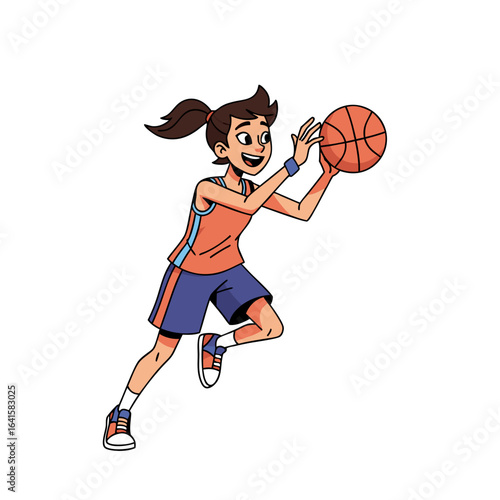 Energetic cartoon girl with a ponytail in an orange and blue uniform running with a basketball.