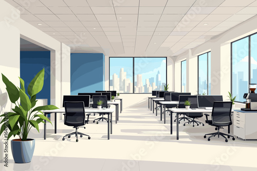 Bright modern office workspace with city view, ready for productive teams and focused work.
