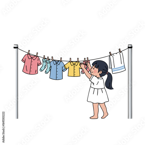 Girl Hanging Clothes on a Clothesline Colorful Cartoon Style.