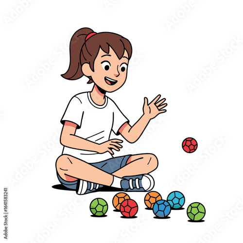 Girl Playing with Colorful Polyhedral Balls Sitting and Throwing.