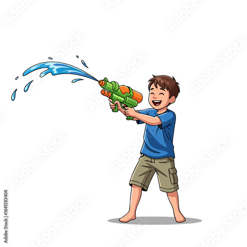 Happy Boy with Water Gun Shooting Water Splash Cartoon Style.