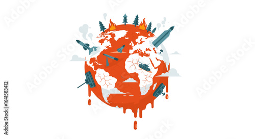 Global conflict and environmental destruction, the planet under siege from war machines and fiery destruction.