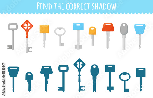 Find correct key shadow. Simple children play, educational development task for toddlers. Different types of keys and its shadows, neoteric vector template