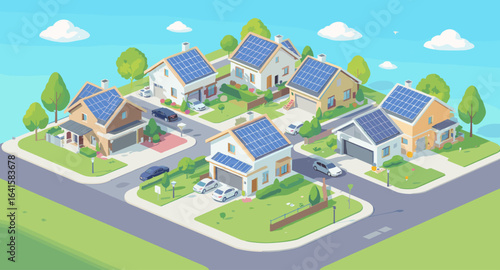 Sustainable neighborhood with eco-friendly solar powered homes and electric vehicles drives future living