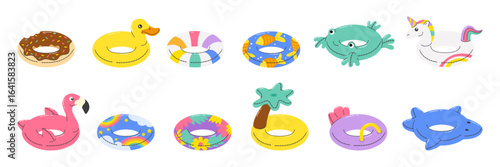 Cartoon rubber pool rings. Swimming tools, inflatable ring different design. Donut, duck unicorn frog, ring with palm tree. Swim accessories neoteric vector set