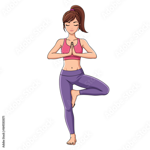Serene cartoon woman with brown ponytail in pink sports bra and purple leggings doing yoga tree pose.