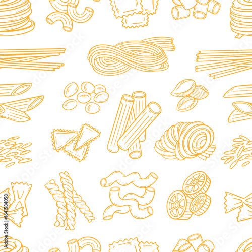 Doodle pasta pattern. Traditional italian meal ingredients, different types of pasta. Hand drawn print design for fabric, wrapping, menu, neoteric vector background