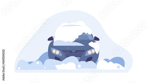Car in snowdrift. Snow cap on auto, vehicle after snowstorm. Seasonal winter problems, snowy day in village or town. Personal transport vector scene