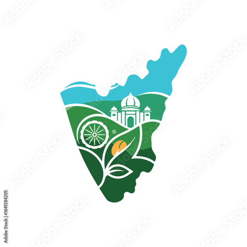 Stylized map of a region showcasing iconic architecture, nature, and cultural symbols.