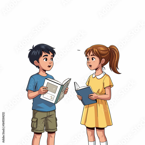 Young boy and girl in casual clothes holding open books and talking animatedly.