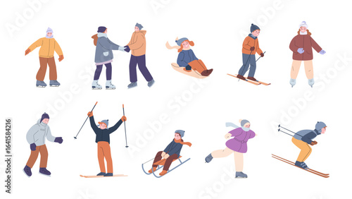 Children winter activities. Skiing skating and sledding characters. Isolated kids training on skates. Seasonal outdoor games, vector clipart