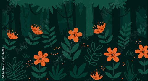 Stylized forest scene with vibrant orange flowers blooming amidst dark green foliage and tall trees.
