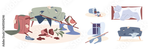 Home destroy scenes. Torn sofa and armchair, broken flower pot, fallen curtains. Disorder in the apartment, trash and destruction, vector elements