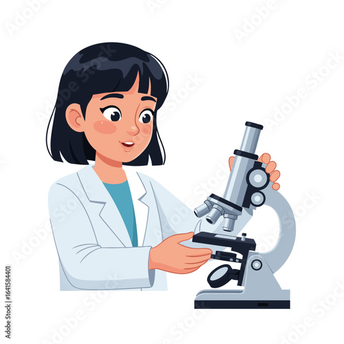 Young female scientist in lab coat examining microscope with curiosity.