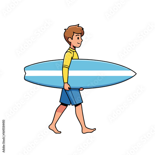 Young cartoon surfer boy in a yellow shirt walking barefoot while carrying a blue surfboard.