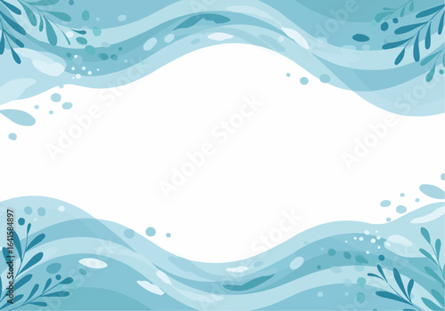 A stylized, abstract design featuring flowing blue waves and decorative plant elements, creating a frame.