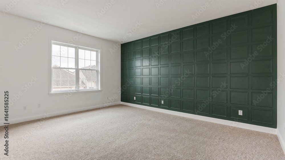Obraz premium Bright empty interior featuring a bold dark green accent wall adorned with a grid pattern, clean white walls, large window illumination, and new carpet, excellent for interior design showcases,